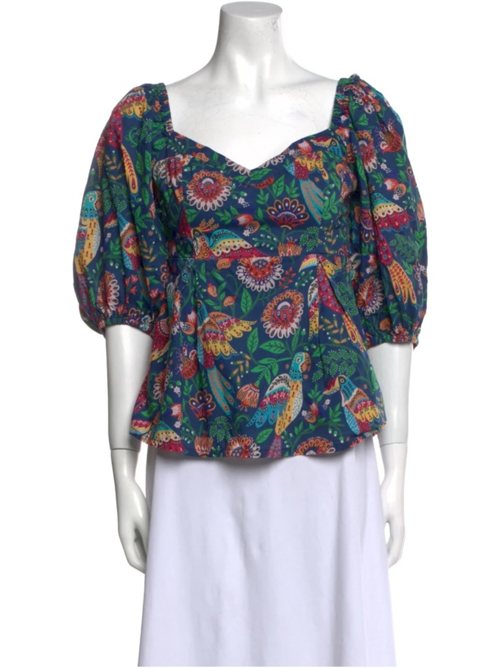 Farm Rio Bird Print Puff Sleeve Blouse 🌿 Teal Tropical Top Size S